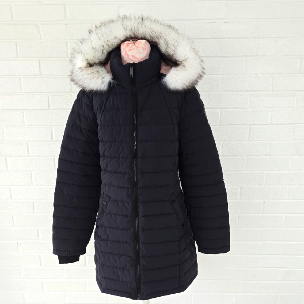 HFX Halifax Scuba Stretch Active Hooded Puffer Coat, Charcoal/Blush NWOT Size L